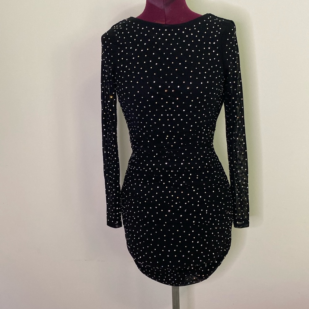 Windsor women’s XS/S black rhinestone mini dress ruched cowl back long sleeve